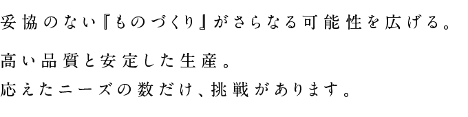 妥協のない『ものづくり』がさらなる可能性を広げる。
高い品質と安定した生産。
応えたニーズの数だけ、挑戦があります。